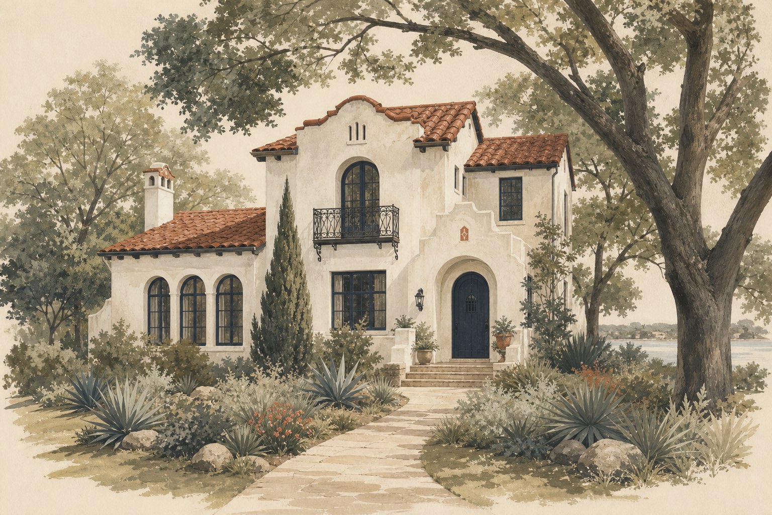 Illustration of a 1920s Lakewood Spanish revival home with white stucco, a red tile roof, and White Rock Lake in the distance
