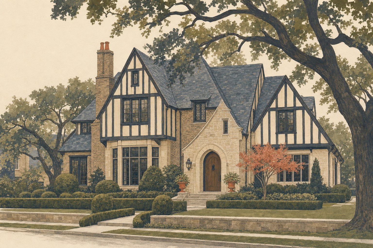 Illustration of a classic Park Cities Tudor revival home with half-timbering, slate gables, and mature live oaks