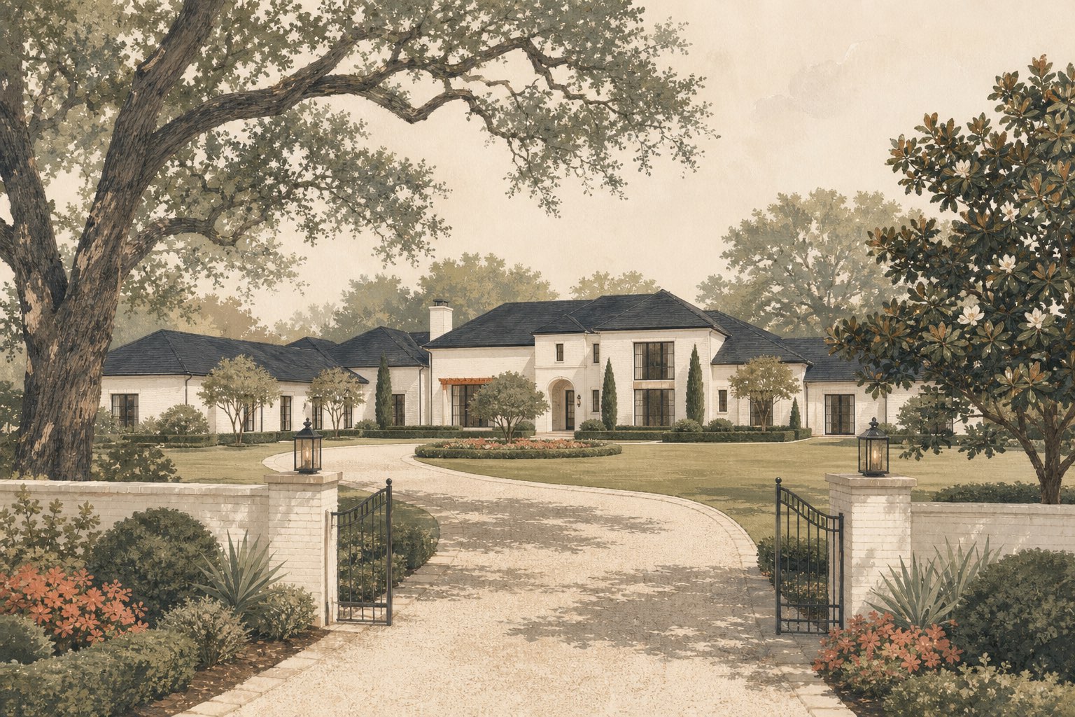 Illustration of a gated Preston Hollow estate with a circular drive, sprawling white-brick home, and acre-plus grounds